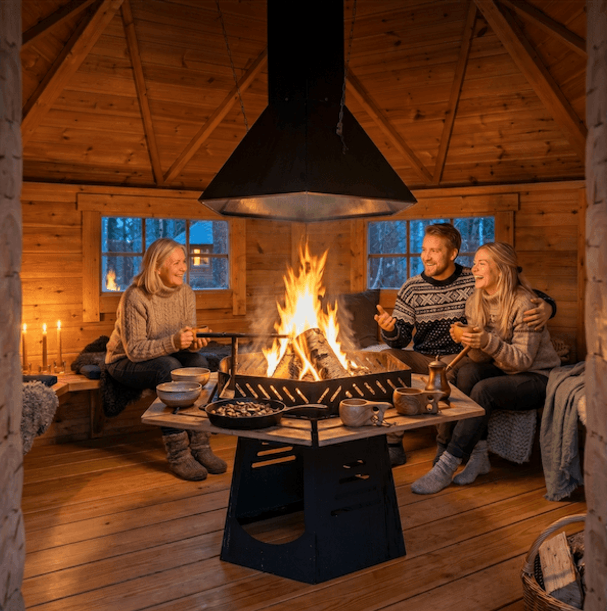 Vindskydd 12 m2 Royal med grill och bänkar - Halvrund timmer